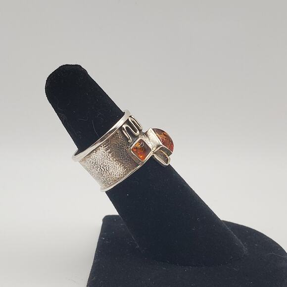 Artisan Boho Sterling Silver 925 Baltic Amber Wide Band Ring Size 6 - Picture 2 of 14